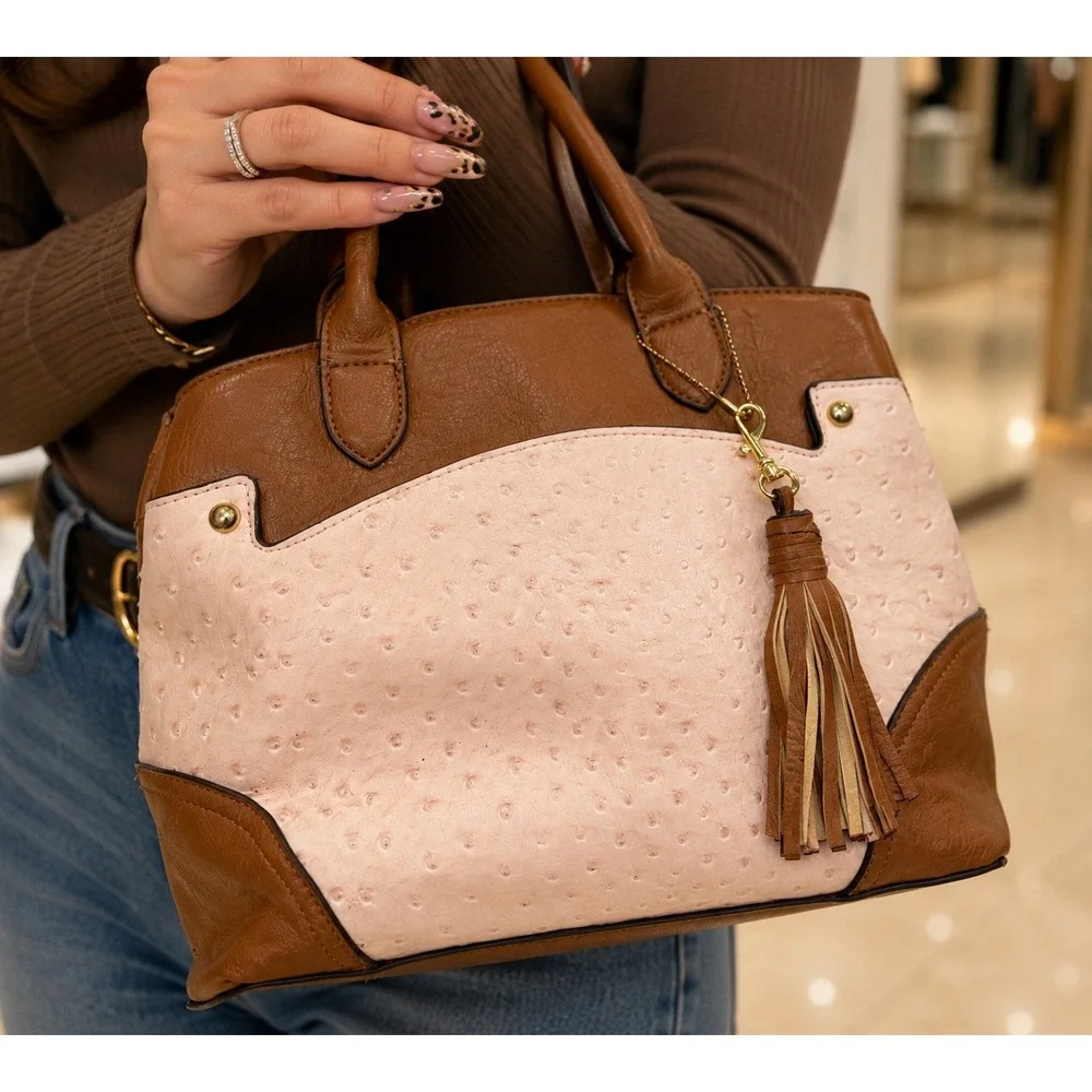 Bueno Women Two Tone Ostrich Embossed Satchel Handbag Tan Pink Tassel Trim